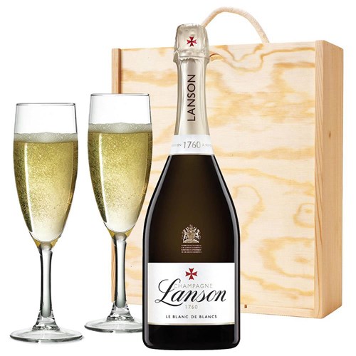 Lanson Le Blanc de Blancs Champagne 75cl And Flutes In Pine Wooden Gift Box